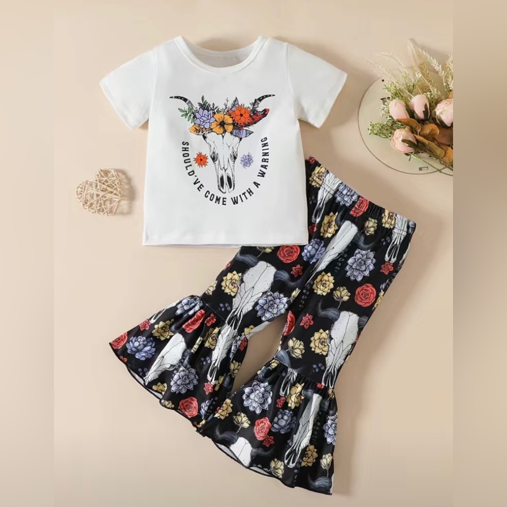Girls Boutique Western Warning Floral Graphic Top &  Bell Bottom Flare Pants